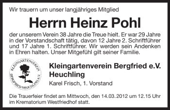 Traueranzeige von Heinz Pohl von Pegnitz-Zeitung